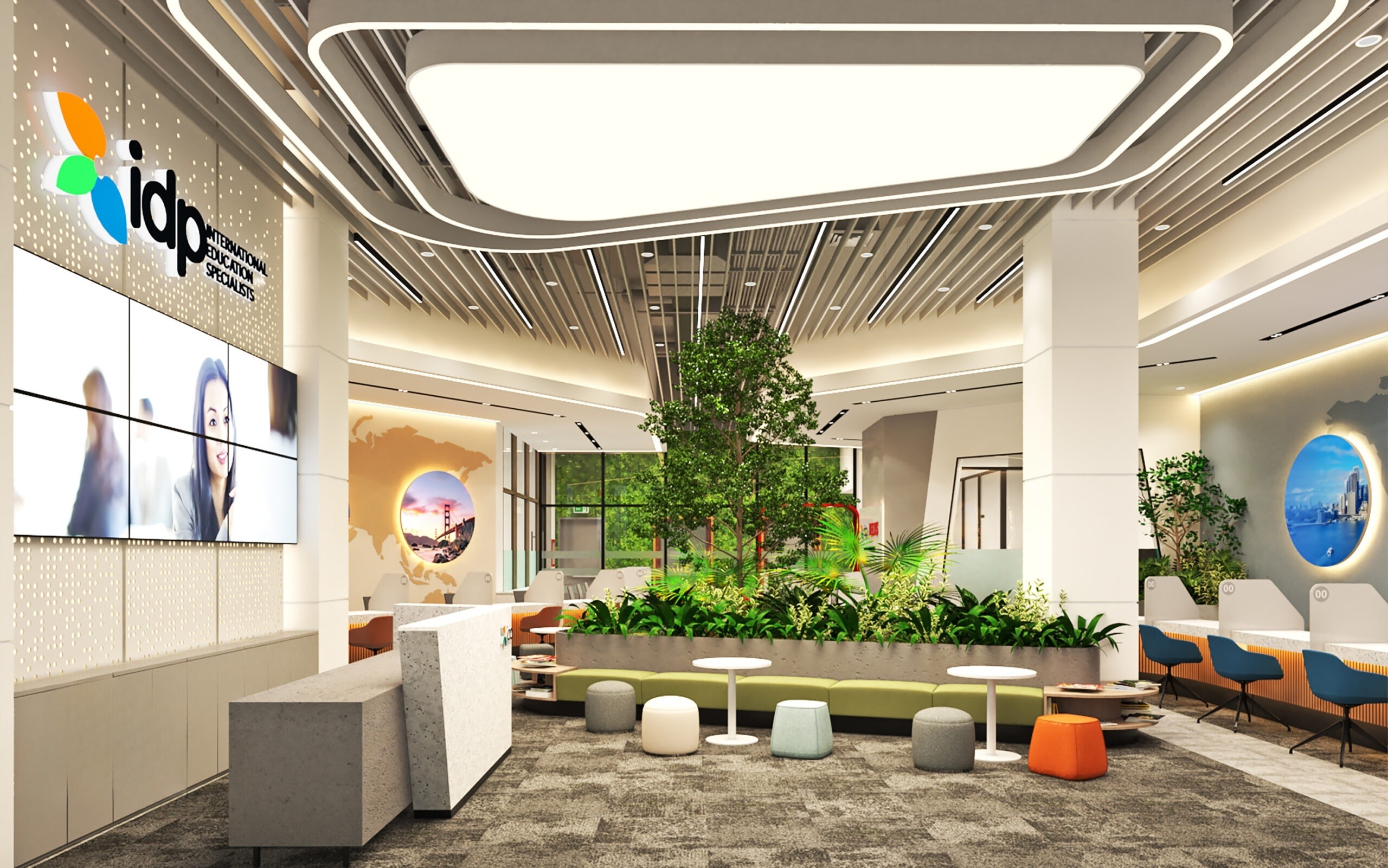 Thiết kế nội thất văn phòng cơ sở giáo dục IDP Hai Bà Trưng - Mảng xanh được lồng vào tinh tế