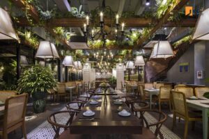 Thiết kế nội thất nhà hàng Ngon Garden - khu vực sảnh chính (Ngon Garden Restaurant Interior Design - Main Dining / Common Space – Nature & Art Fusion)